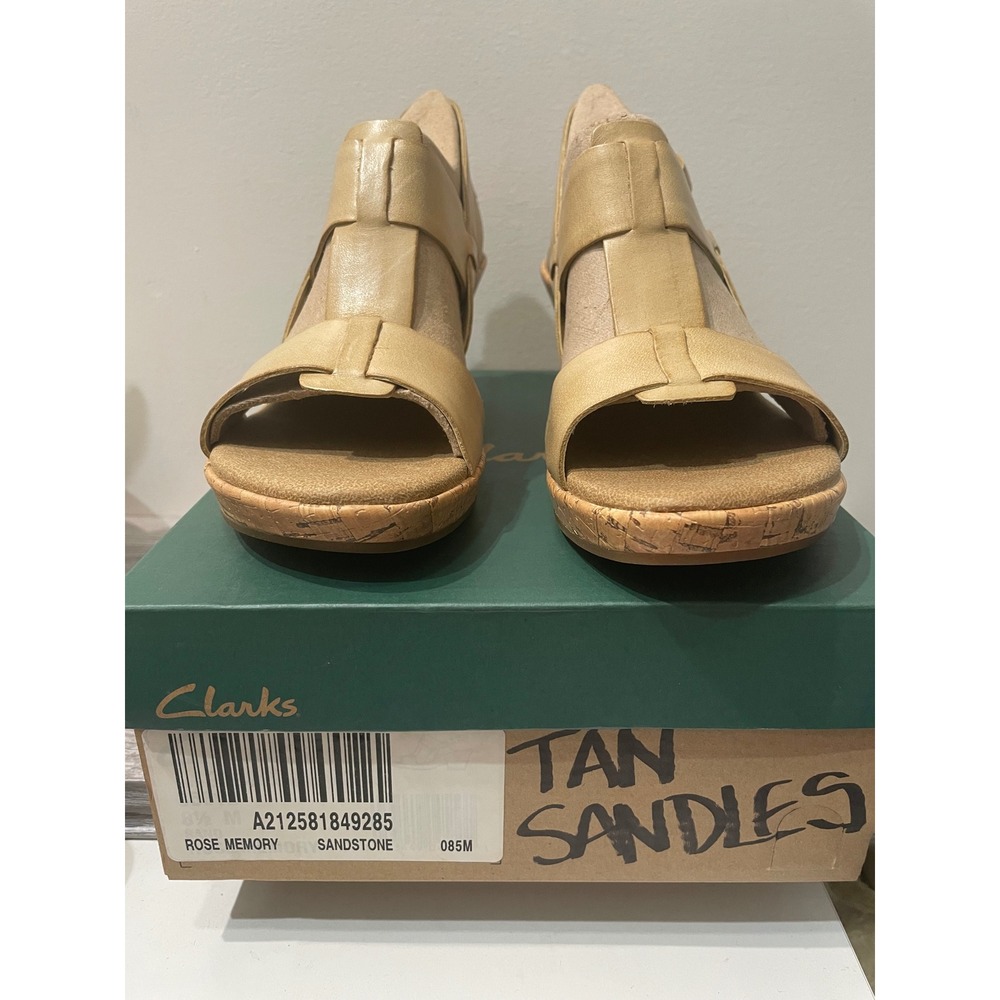 Clarks Rose Memory Sandstone Leather Wedge Sandals Tan 8.5M‎ NEW